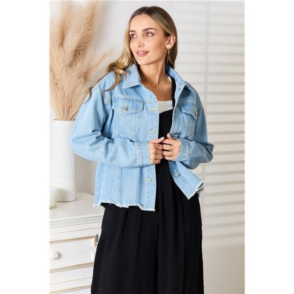 Double Take Dropped Shoulder Raw Hem Denim Jacket‎
